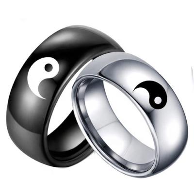 China Stainless steel fashion couples love jewelry silver and black color laser engrave stainless steel yin yang ring for couples for sale