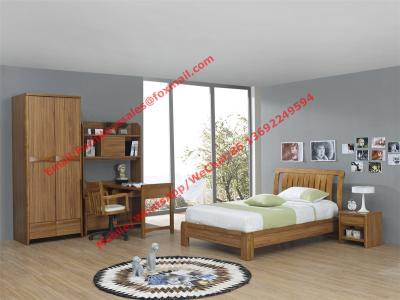 China Bachelor room interior furniture fixture equitment by small size rubber solid wood bed and reading bookcase set for sale