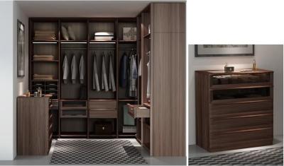 China Custom Furniture Walnut wood Built Walk in Wardrobe Closet with Cloth display racks and Storage Cabinets for sale