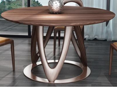 China Nordic style Living room Furniture Walnut Wooden Circular Dining table in Special design Legs and Stainless steel plate for sale