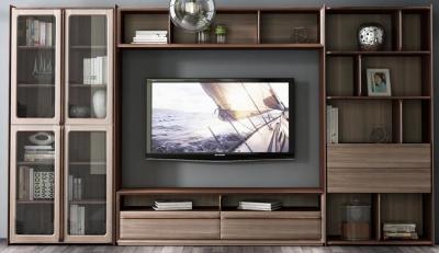 China 2017 New Walnut Wood Furniture Design Living room Combined TV Wall Units by Tall Cabinets and Floor stand & Hang Racks for sale