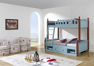 China Sky blue painting bunk bed for children bedroom in solid wood frame and MDF plate with storage drawers in apartment furn for sale