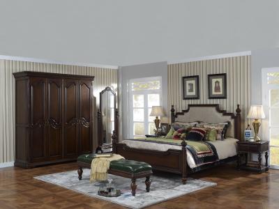 China Sandalwood Bedroom set Classic style BT-2902 High fabric Upholstered headboard Wooden king size bed with Cloth Wardrobe for sale