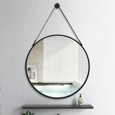 China Modern Wholesale Custom Decorative 30cm 40cm 50cm Metal Hanging Wall Round iron framed wall mirror with leather belt for sale