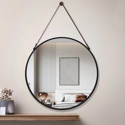 China Modern Wholesale Custom Hanging Wall Round Decorative Aluminum alloy framed wall mirror with leather belt for sale