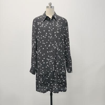 China OEM 100% factory ladies blouse long black star print shirt dress anti-pilling silk custom made long with pockets for sale