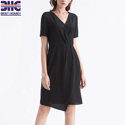 China Ladies' Little Black Dress V-Neck Twist Front 100 Sleeve Knee-Length Silk Breathable Short Wrap Dress For Work for sale