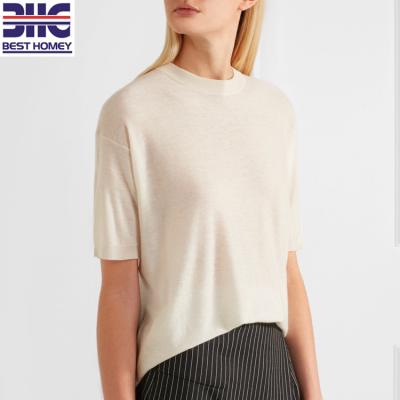 China Anti-Wrinkle Women's Fine Gauge In Stock Crewneck Sleeve Cashmere Tee Luxury Slim Knitted Cropped Sweater for sale