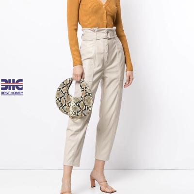 China White Pattern QUICK DRY Spring High--Waist Slimming Panty PU Cover Button Fly Straight Pants Women Solid PU Leather Pencil Pants for sale