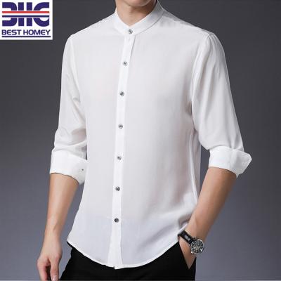 China Custom Made Breathable Mens Long Sleeve Stand Collar Button Up Shirt 100% White Silk Crepe Neckline for sale