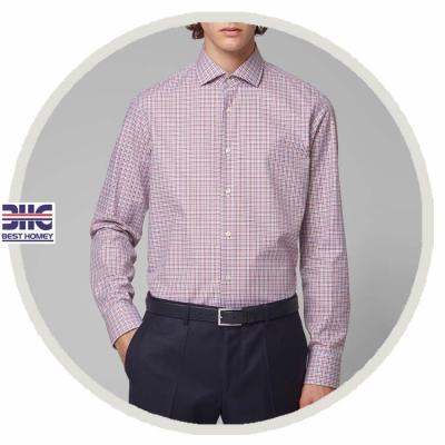 China Anti-pilling Good Quality Plaid Pattern Business Man Pink Button Up Long Sleeve Dress Shirts For Men for sale