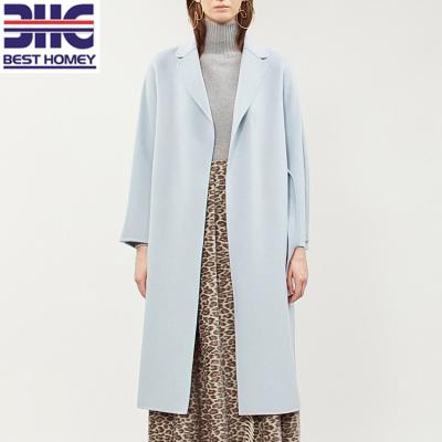 China Sustainable Women's Light Blue Long Sleeves Notch Pocket Front Wool Coat Open Lapels Two for sale