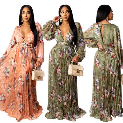 China 2021 Floral Print Chiffon Dress Breathable Deep V Neck Ladies Haute Couture Clothing Belted Beach Bohemian Style Maxi Dress for sale