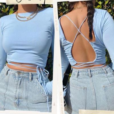 China Breathable super soft high quality cotton ladies solid color culture material sale tied short back neck cross top cute sleeve o mujer for sale