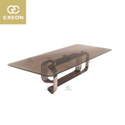 China Metal Rose Gold Stainless Steel Light Luxury Modern Base Tempered Low Top Modern Glass Coffee Table for sale