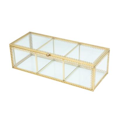 China Viable European Lace Cosmetic Storage Box Brass Style Transparent Glass Swab Box For Desktop for sale