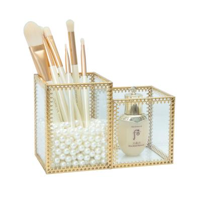 China Wholesale Viable Single Metal Glass Double Lattice Cosmetic Brush Storage Box For Desktop for sale