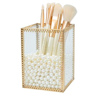 China Viable Simple Copper Glass Single Grid Brush Storage Container Office Stationery Cosmetic Storage Box for sale