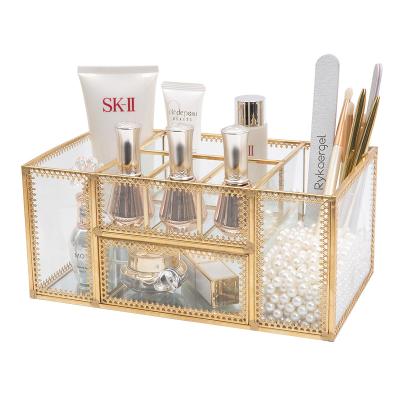 China Large 2021 Viable Gold Storage Box Nail Shop Tool Glass Cosmetic Storage Box For Desktop Storage for sale