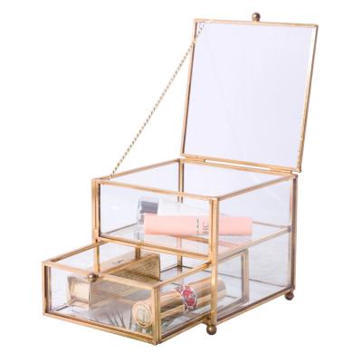 China Two-Layer Copper Square Copper Jewelry Box Display Box Transparent Glass Cosmetics Storage Box for sale