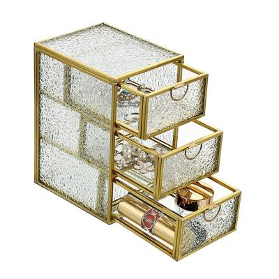 China Gold Diamond Glass Diamond Jewelry Box With 3 Drawers Jewelry Display Storage Box Home Decoration Keepsake Desktop Box for sale