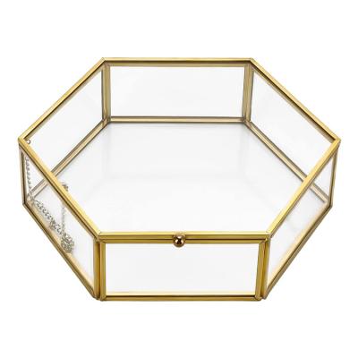 China Hexagonal Metal Gold Box Glass Jewelery Box Jewelry Display Storage Box Large For Ring Bracelet Earring Necklace Storage for sale