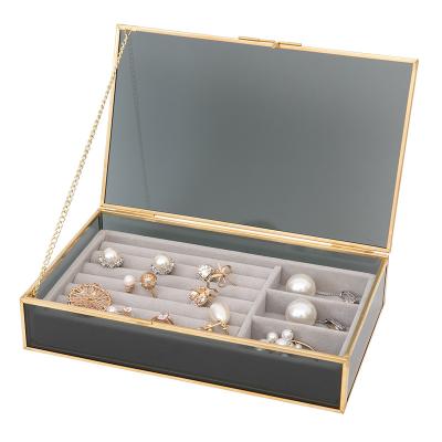 China Modern Luxury Rectangular Glass Metal Dustproof Glass Jewelry Box Ring Earring Necklace Desktop Storage Box for sale