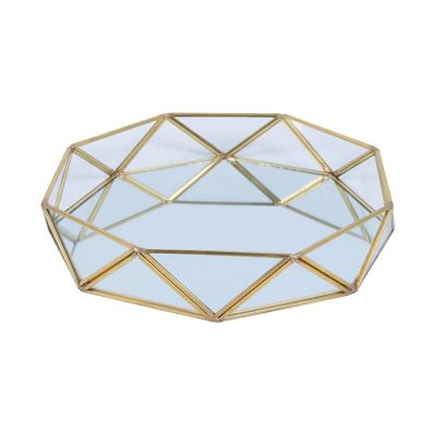 China Polygonal Brass Mirror Tray Home Glass Decoration Ornaments Jewelry Tray Cosmetics Storage Tray D12 for sale