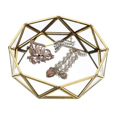 China Gold Geometric Mirror Tray Jewelry Collection Glass Tray, Cosmetics Perfume Dish Furnishing Entrance Decoration D12 for sale