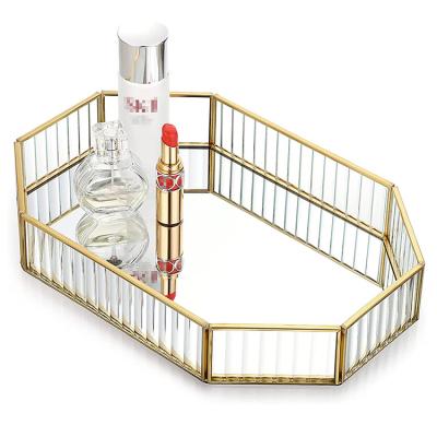 China Wholesale Polygon Gold Tray Transparent Glass Cosmetics Perfume Tray Jewelry Tray Suitable For Desktop Dresser D67 for sale