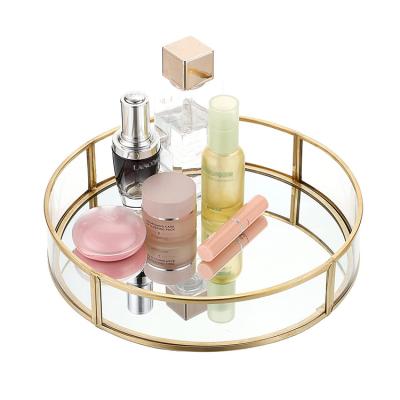 China New Gold Gorgeous Round Mirror Tray Hotel Restaurant Serving Tray Jewelry Collection Tray Cosmetics Perfume Glass Dish C15 for sale