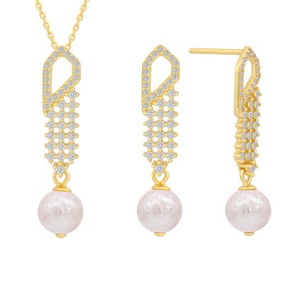 China CLASSIC All Pearl Fashion Geometry 925 Silver Gold Plated Fine Wedding Jewelry Set Ring And Pendant Earrings For Women for sale