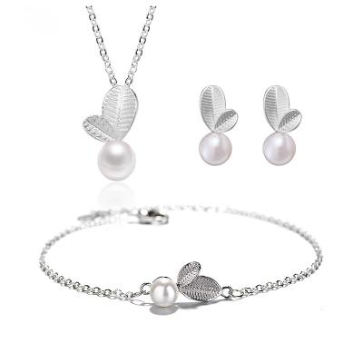 China CLASSIC S925 Stamp Silver Color Jewelry Set Bud Leaf Pearl Necklace +Earrings+Bracelet For Women Korean Jewelry for sale