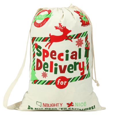 China Christamas Home Decor Personalized Canvas Santa Sacks For Kids Drawstring Pockets Cotton Christmas Sack Reindeer Santa Sacks for sale