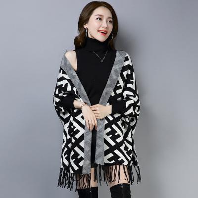 China Anti-Wrinkle Women's Large Length Medium Long Tassel Cap Sleeves Print Knitting Cardigan Open Front Warm Sweater Outwear Coats for sale