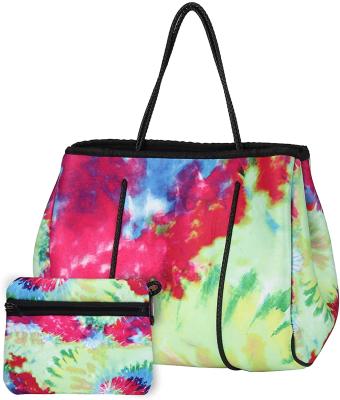 China Fashion Tie Dye Neoprene Beach Tote Bags With Small Purse Shoulder Handbag For Women MommyTraveling and Swimming for sale