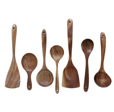 China Sustainable Biodegradable Eco-Friendly Reusable Teak Kitchen Utensils Wooden Tableware 7pack for sale