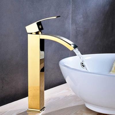 China Gold Metered Waterfall Bathroom Faucets Countertop Basin Vessel Sink Faucet Deck Mounted Chrome Mixer Tap Cold Hot Water Faucet for sale