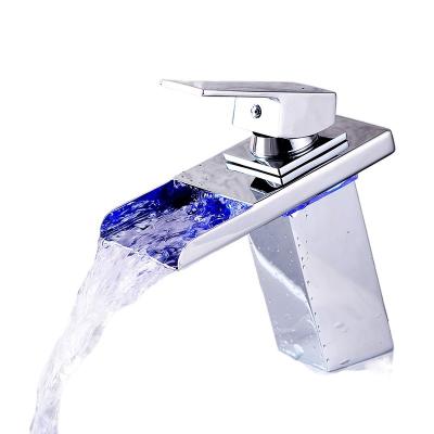 China LED Light Bathroom Basin Faucet Waterfall Sink Faucet Color Changes With Temperature Bathroom Mixer Brass Single Handle for sale