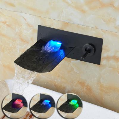 China Wall Mounted LED Light Handle Bathroom Sink Mixer Taps Waterfall LED Single Color Changing Double Hole Basin Faucet for sale