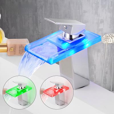 China LED Light Bathroom Waterfall Led Basin Faucet Glass Waterfall Brass Basin Faucet Bathroom Deck Mount Basin Sink Faucet for sale