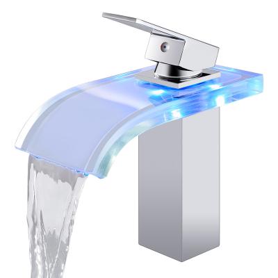 China Modern Single Handle LED Waterfall Faucet Light Bathroom Sink LED Light Villa Single Handle Hose Brass Hot And Cold Chrome Faucet for sale