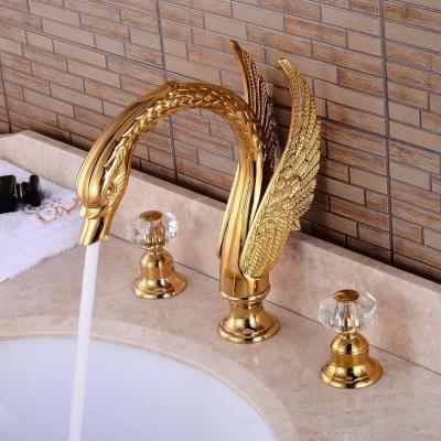 China Metered Faucets Black Crystal Golen Bathroom Faucet Handles Widespread Brass 3 Hole Water Taps Swan Basin Faucet Bathroom Mixer Taps for sale