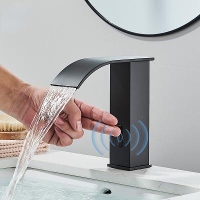 China Sense Faucets Black Automatic Touch Free Touch Sink Faucet Touchless Faucet Bathroom Sensor Basin Faucet Watefall Sensor Hot Cold Water Mixer Crane for sale