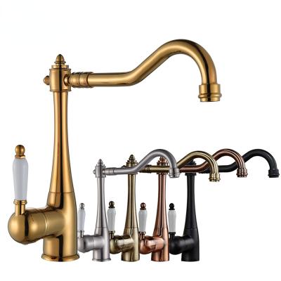 China Ceramic Faucets Gold Handle Bathroom Kitchen Mixer Tap Ceramic Deck Mounted Spout Crane Chrome Cold-Hot Rotation Tap for sale