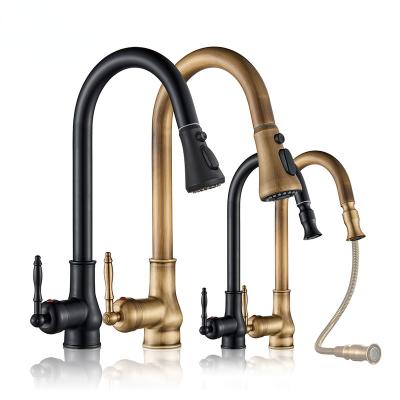 China Pull Out Spray Black Antique Brass Kitchen Faucet Pull Out Bathroom Kitchen Mixer Single Handle Pull Down Top Mounted Hot And Cold Water Faucet for sale