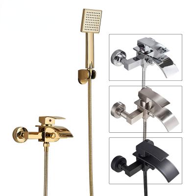 China Without Crane With Handshower Cold Hot Gold Brass Wall Mounted Mixer Taps Waterfall Tub Spout Bathroom Shower Faucets Slide Bar Bathtub Faucet for sale