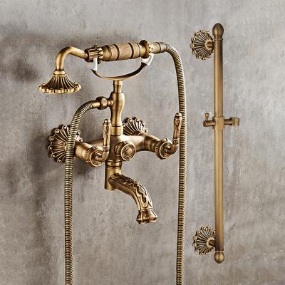 China With Sliding Bar Bathtub Faucet Artistic Antique Brass Bath Mixer Taps Wall Mount Bathroom Tub Faucet Dual Handles Faucet Hot Cold Flower Cut Out for sale