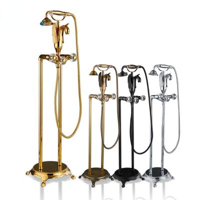 China Gold Free Floor Standing Faucet Bathroom Faucet Mixer Tap Brass Double Crystal Bathtub Hand Handles Sliding Bar Swan Faucet Bath Tub for sale