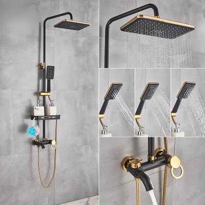 China With Slide Bar Rainfall Shower Faucet Gold Black Bathroom Shower Set Mixer Tap Wall Mount Hot Cold Water Shower Faucet With Storage Shelf for sale